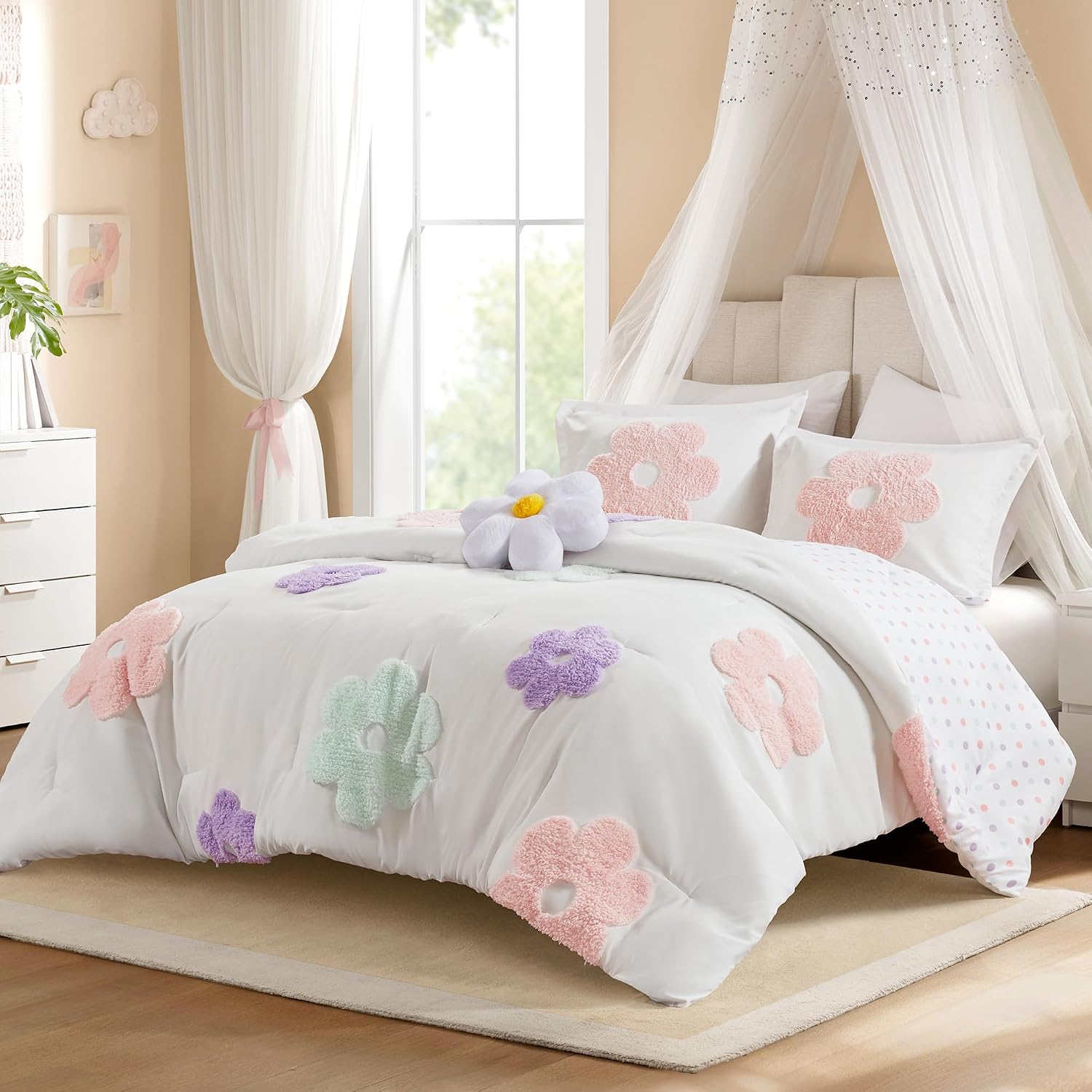 Intelligent Design Kids White Floral Queen Comforter Set for Girls, 4pc