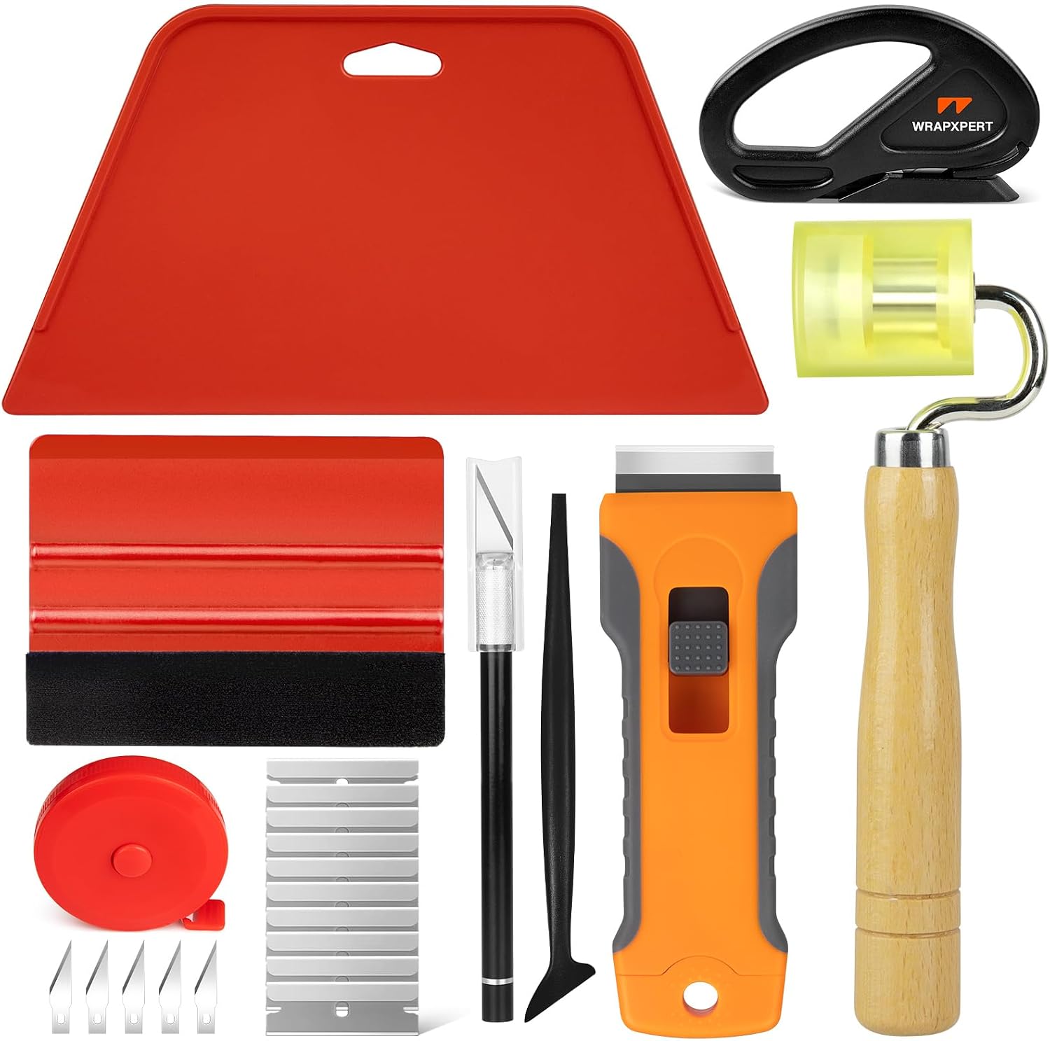WRAPXPERT Wallpaper Tools, Smoothing Tool Kit for Peel and Stick Wallpaper/Contact Paper/Vinyl Backsplash Applying, with Squeegee Smoother, Seam Roller, Razor Scraper, Knife and Blades