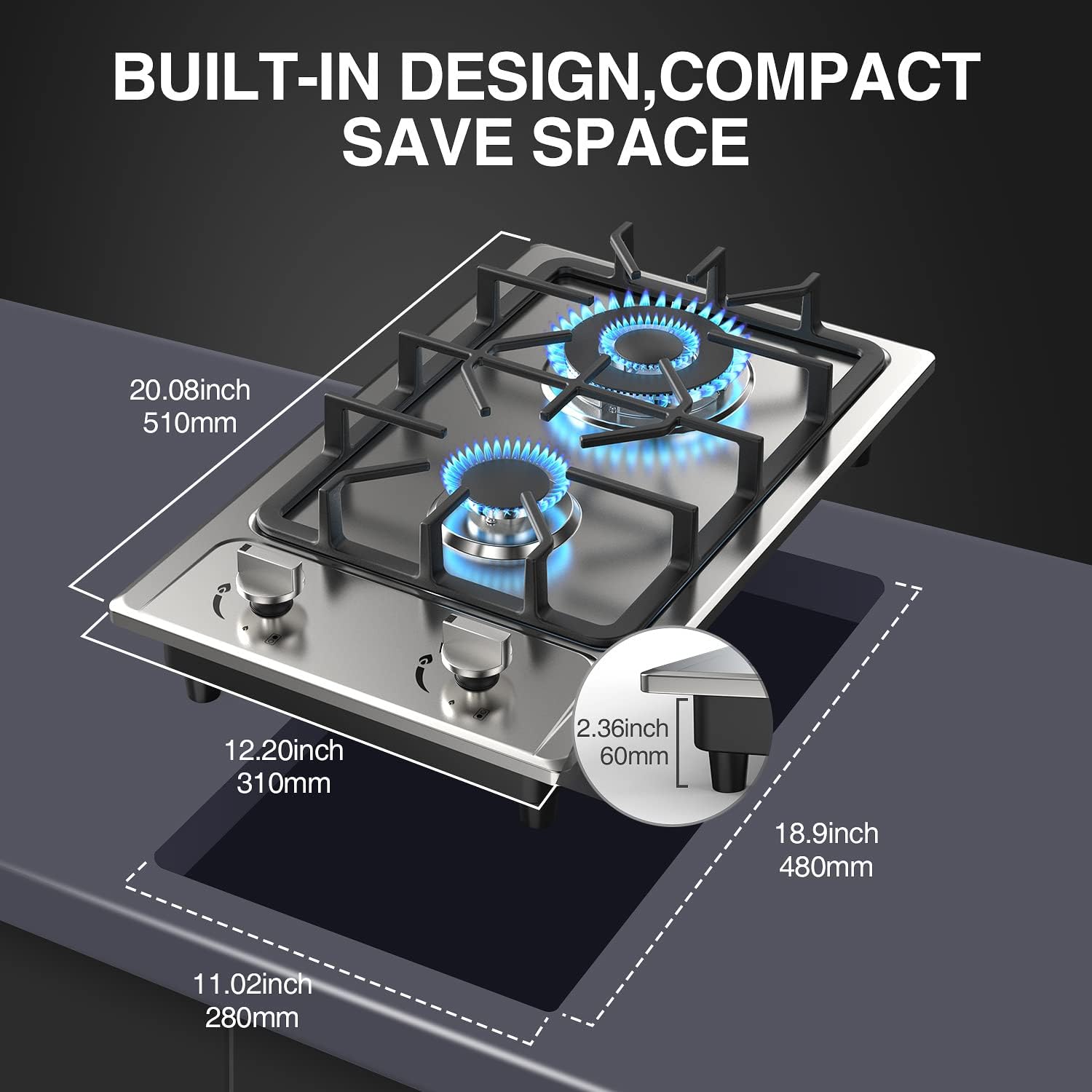 ANHANE 12 Inch 2-Burner Gas Stove: Portable Stainless Steel Propane Cooktop for RV, Apartments & Outdoor – Dual Fuel LPG/NG, Easy to Clean Built-in Gas Cooktop
