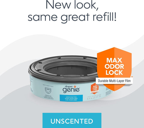The Diaper Genie Unscented Round Refill 3-pack, with continuous film can hold up to 810 newborn-sized diapers per refill.