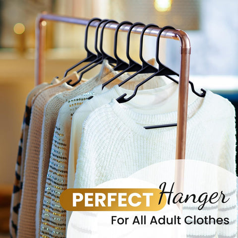 Our Modern Space 100 Pack Adult Plastic Hanger for Shirt Pants Coats Dresses Skirts Suits Jackets - Standard Thick Coat Hanger - Sturdy & Durable Design with Shoulder Grooves Hook - Black
