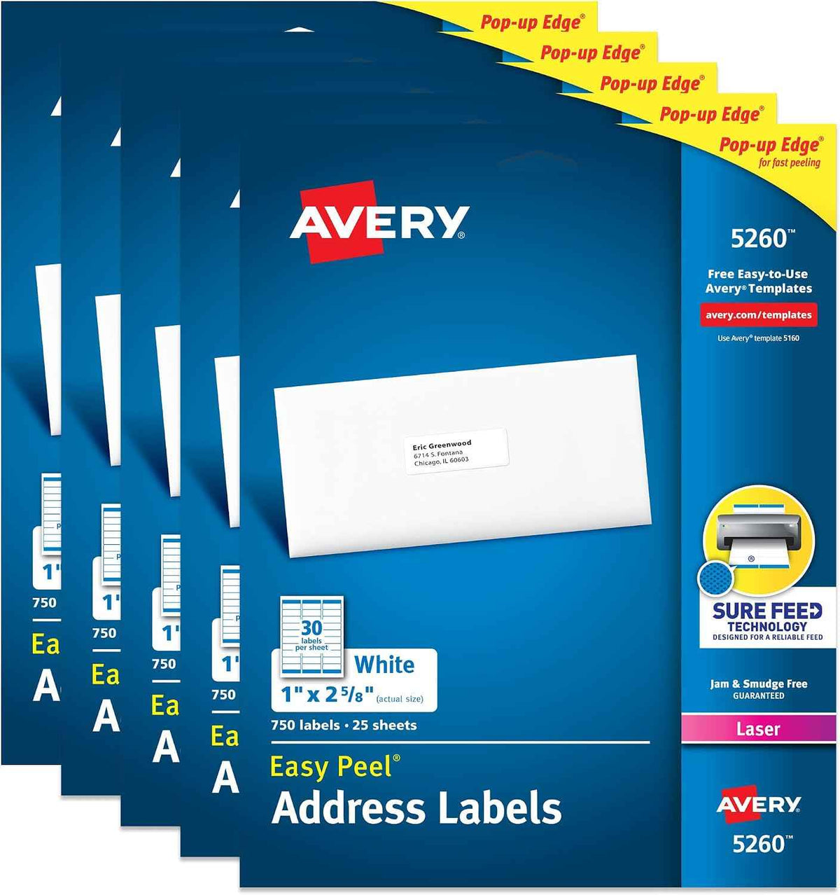 Avery® Easy Peel® Printable Address Labels, Sure Feed® Technology, 1" x 2-5/8" Customizable Stickers, White, 3,750 Blank Mailing Labels, Great for Mailing, Shipping, and More (5-Pack of 5260)