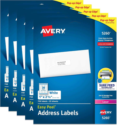 Avery® Easy Peel® Printable Address Labels, Sure Feed® Technology, 1" x 2-5/8" Customizable Stickers, White, 3,750 Blank Mailing Labels, Great for Mailing, Shipping, and More (5-Pack of 5260)