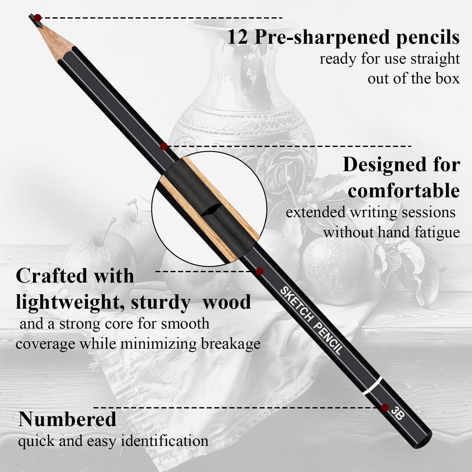 Aenir Drawing Pencils for Sketching, Set of 12 Sketch Pencils, 6B-4H