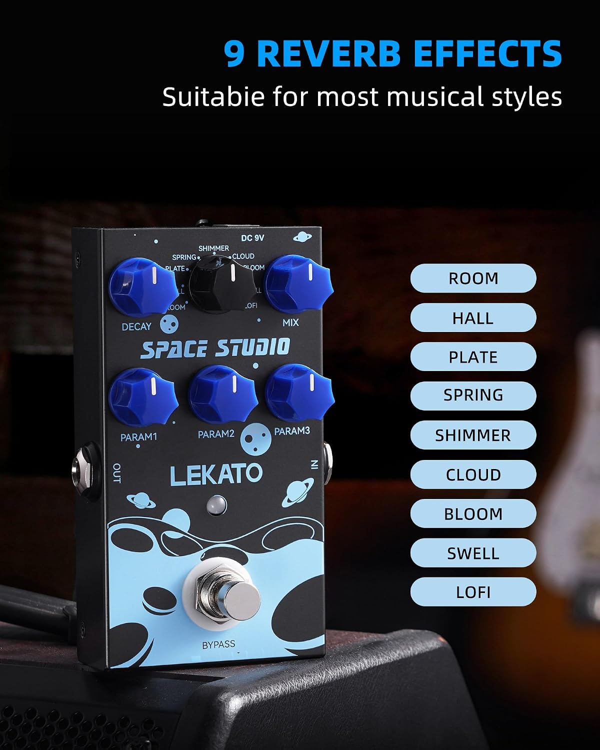 LEKATO Reverb Digital Guitar Effect Pedal, Reverb Innovation Unique Sound 9 Effects Universe Pedals with Bypass Pure Digital for Electric Guitar (EP-03)