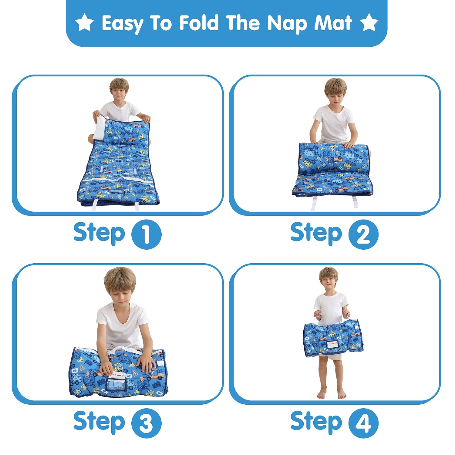 Viviland Toddler Kid Nap Mat for Preschool, Boys Blue Car Slumber Bag, Daycare Bag with Pillow and Blanket, Kindergarten Mat