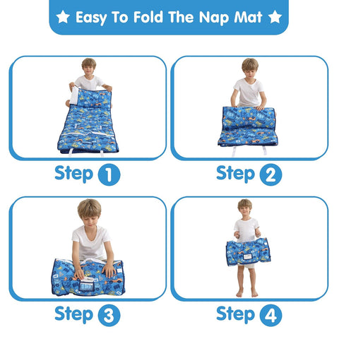 Viviland Toddler Kid Nap Mat for Preschool, Boys Blue Car Slumber Bag, Daycare Bag with Pillow and Blanket, Kindergarten Mat
