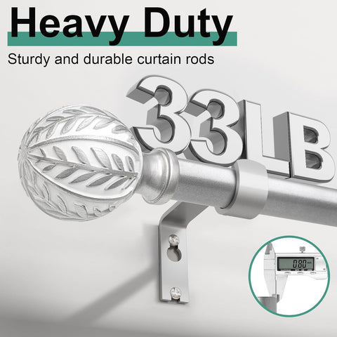 QDWIS Silver Curtain Rods for Windows 72 to 144 inch,1" Adjustable Heavy Duty Window Curtain Rod Leaf Finials,Rustic Decorative Drapery Rods Set,Size:36-150''