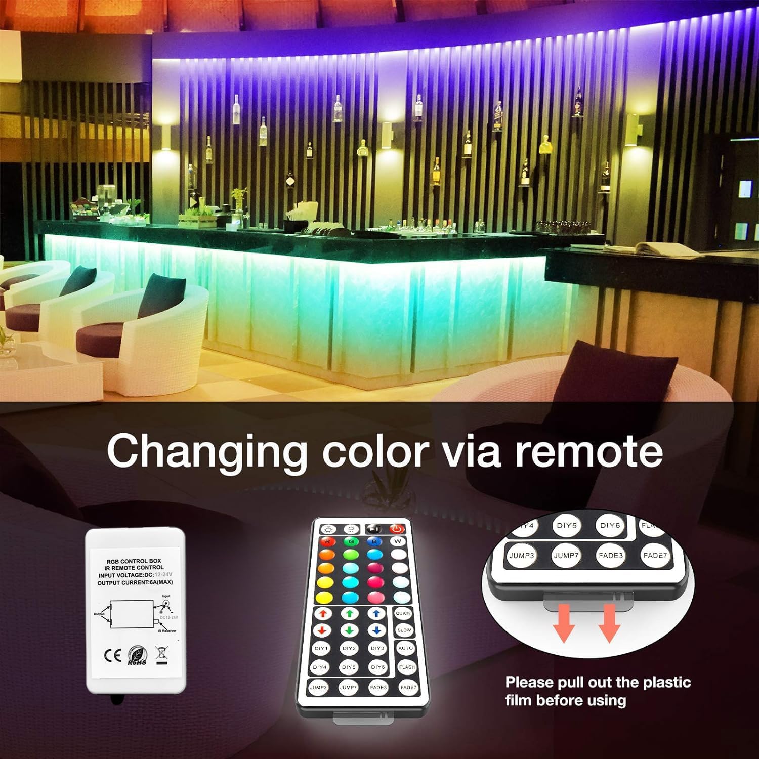 DAYBETTER (2rd Gen) SMD 5050 Remote Control Led Strip Lights 50ft Color Changing with 44Keys Remote Controller and 12V Power Supply for Bedroom