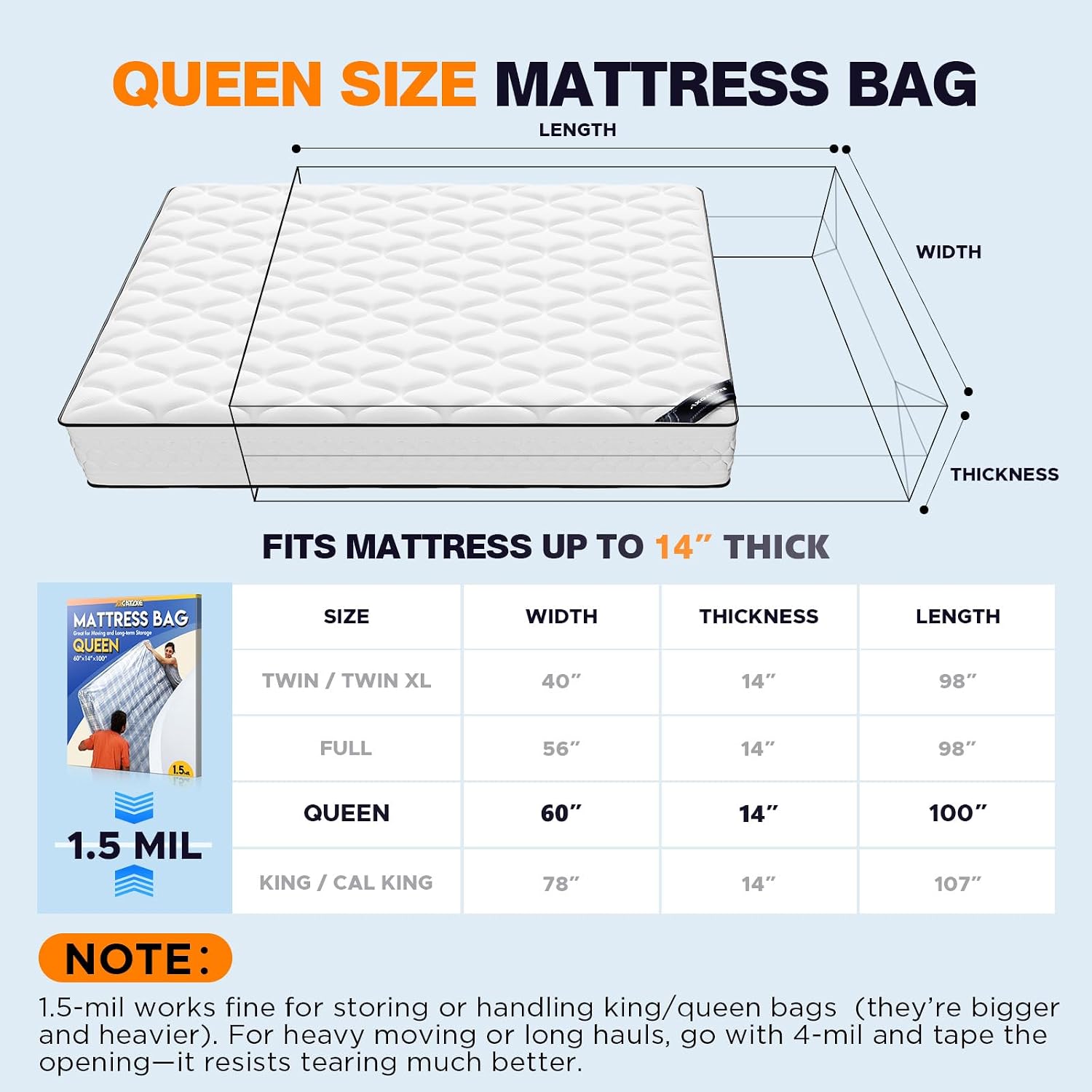Axgatoxe Plastic Mattress Bag for Moving Storage, Queen Size (1.5MIL)