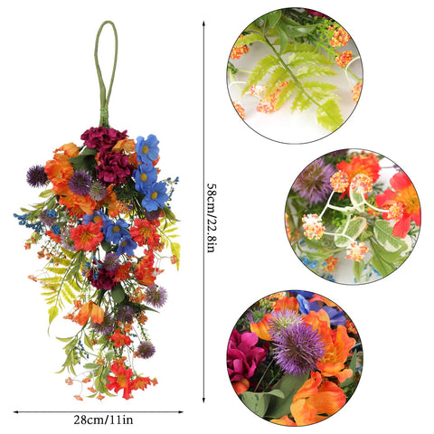 POTRUWE 2Pack Artificial Daisy and Wild Flower Teardrop Wreath, 22.8Inch Fake Flowers Rose and Green Leaves Spring Summer Teardrop Swags for Front Door Indoor Outdoor Window