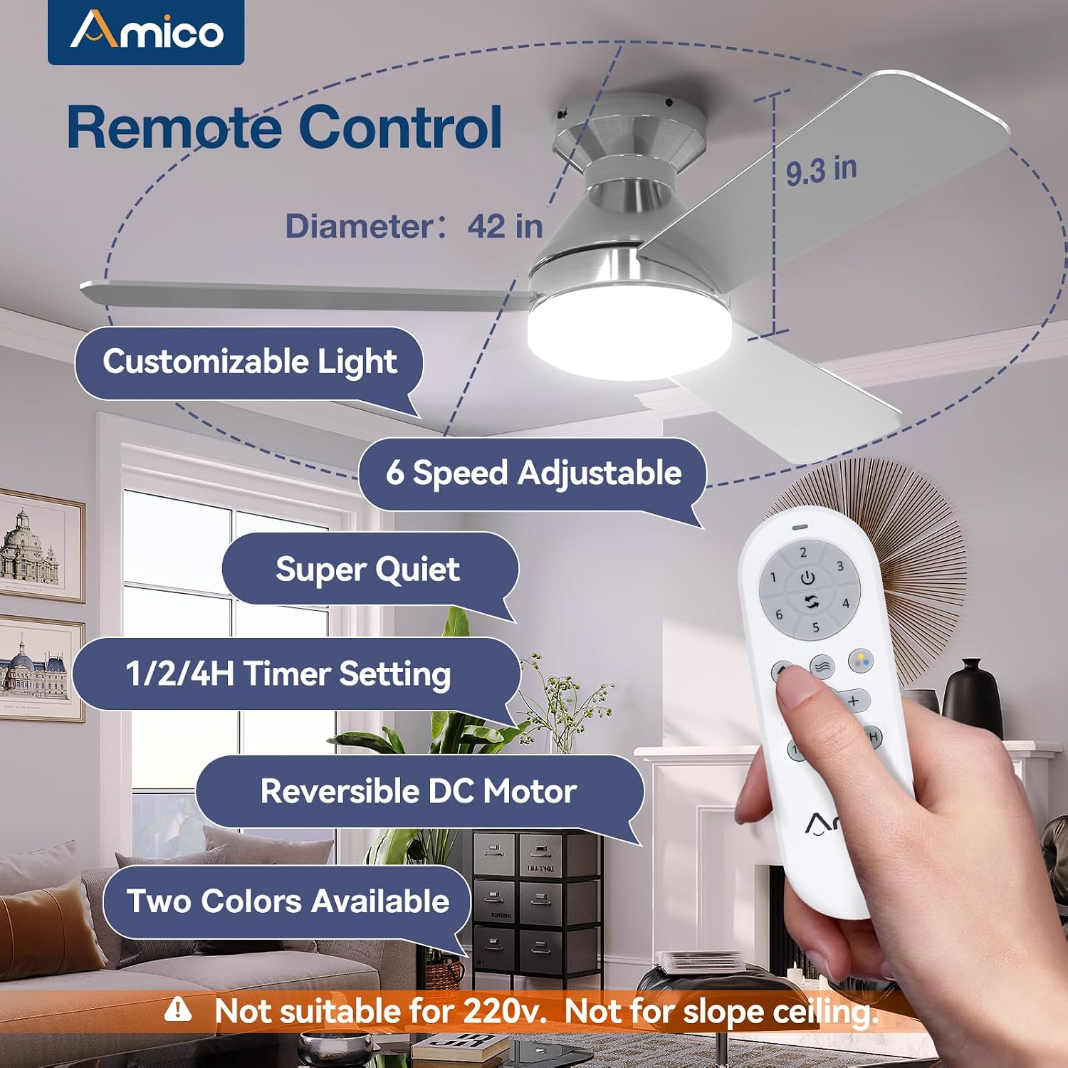 Amico 42 Inch Nickel Low Profile Ceiling Fans with Lights And Remote