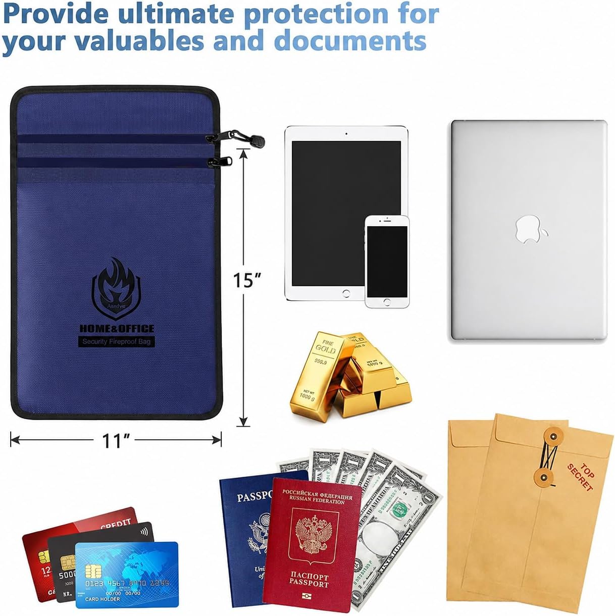 Andyer 2 Pockets Fireproof Document Bag (15"x11"), Protect Values from Fire