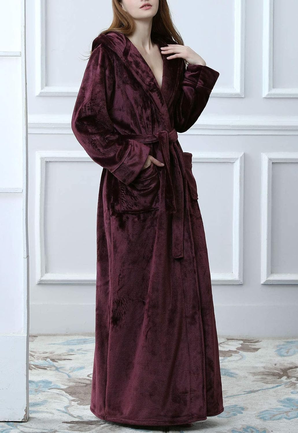 Flygo Womens Fluffy Plush Long Hooded Robe Full Length Fleece Bathrobe