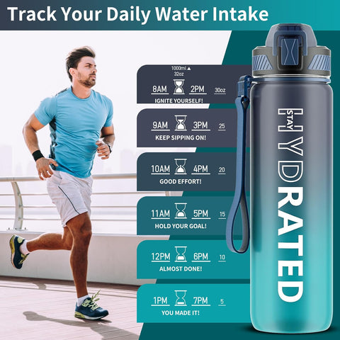 QLUR Water Bottle with Straw, 32oz Motivational Water Bottles with Time Marker to Drink, Tritan BPA Free, 1L Sports Water Bottle with Carry Strap LeakProof for Women Gym Fitness Outdoor (1 Pack)