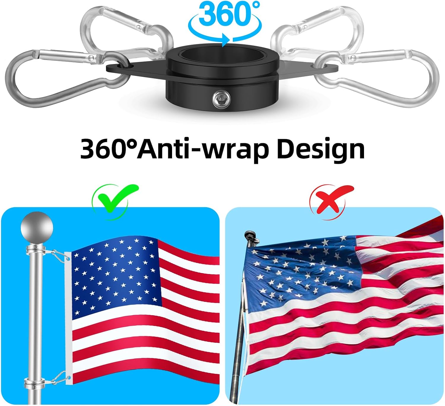 Anovo Flag Pole Rings, Flagpole Rings Aluminum Alloy 360° Rotating Anti Wrap Flag Mounting Spinning Ring Clips for 0.75-1.02 Inch Diameter Flagpole (1 Inch -Pack of 4, Black)