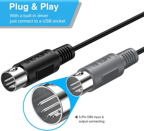 LEKATO USB MIDI Cable, MIDI USB Interface with Input & Output Connecting Piano Keyboard/Synthesizer for Editing & Recording Professional MIDI Cable Adapter with Windows/Mac for Studio -6.5Ft