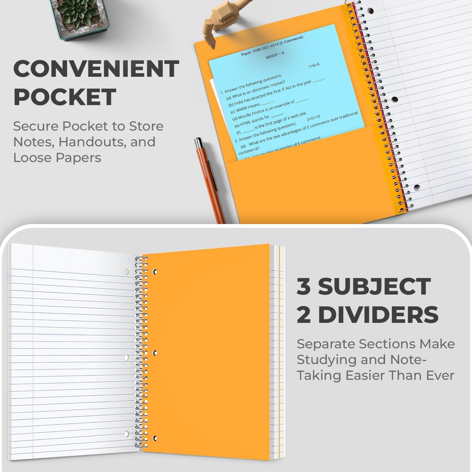 Rosmonde 36 Pack 3 Subject Spiral Notebook College Ruled Bulk, 150 Sheets