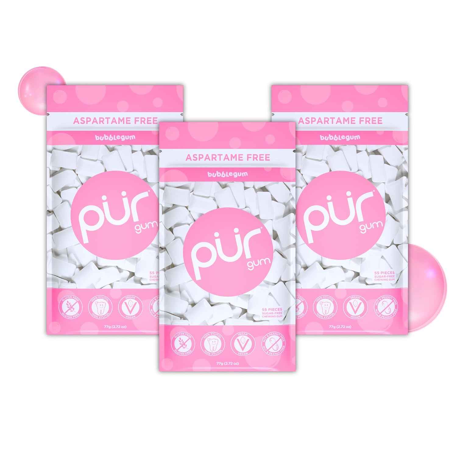 PUR Gum, Bubblegum, Xylitol Gum, No Artificial flavour, 165 Count (3x55)