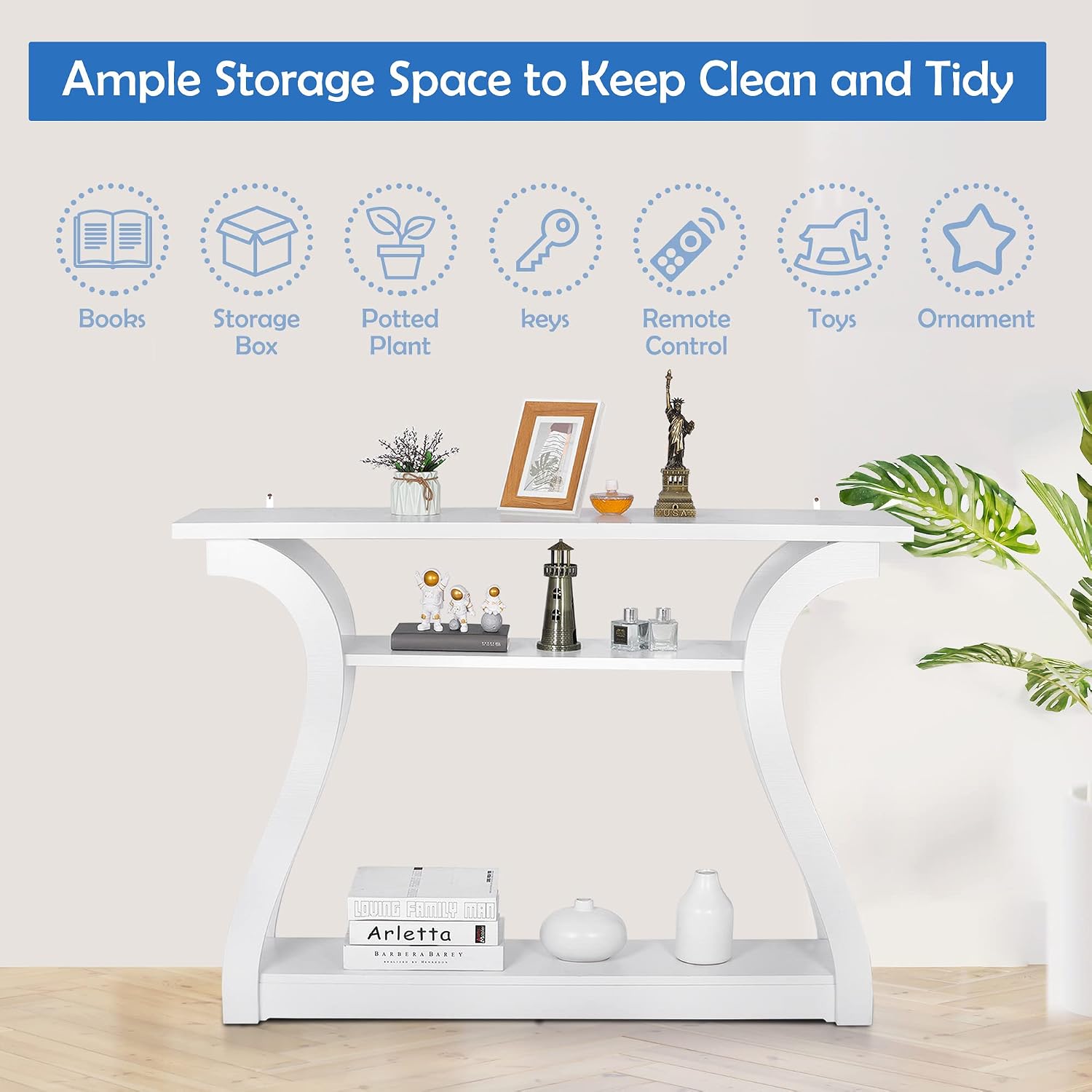 SUPER DEAL 47 in Narrow Console Table, 3 Tier Entryway Table, Wood Sofa Table Decorative Hallway Table with Shelves, Curved Frame for Living Room Front Door Entrance (White, Flat Surface)