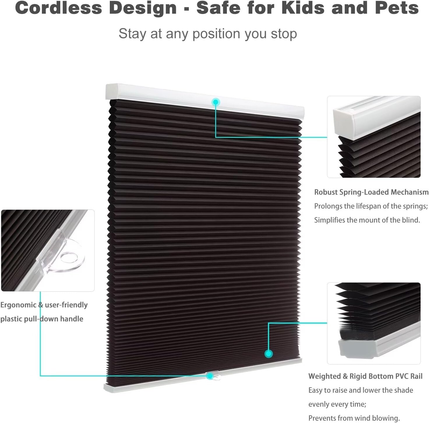 MYshade Cordless Blackout Cellular Shades for Windows, Honeycomb Window Shades with Thermal Insulation, Child & Pet Safe Room Darkening Shade, Easy Install, 16" W x 36" H, Black