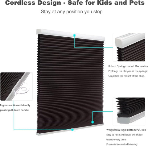 MYshade Cordless Blackout Cellular Shades for Windows, Honeycomb Window Shades with Thermal Insulation, Child & Pet Safe Room Darkening Shade, Easy Install, 16" W x 36" H, Black