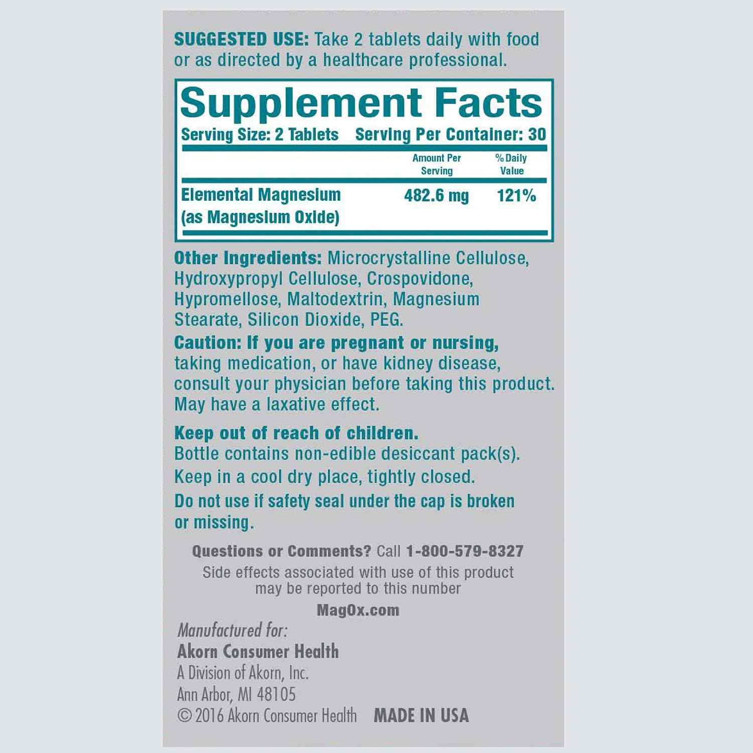 Mag-Ox High Potency Magnesium Supplement, Tablets, 120 Count, Pack of 2 | Pharmaceutical Grade Magnesium Oxide, 482 mg Per Dose, Magox 400 Magnesium