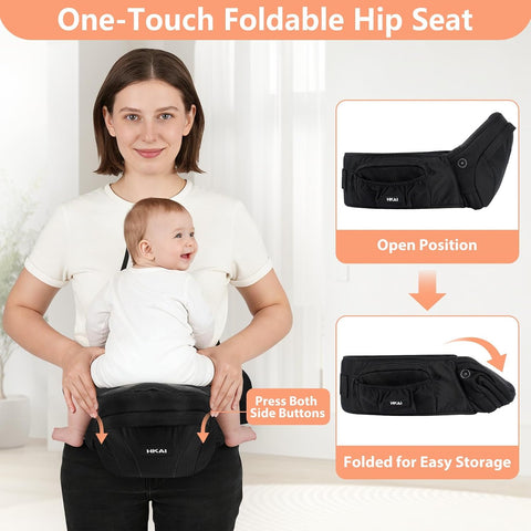 HKAI Baby Hip Carrier,Baby Carrier with Adjustable Waistband & Breathable Mesh, Ergonomic Carrier with Non-Slip Hip Seat Surface for Newborns & Toddlers (Black)