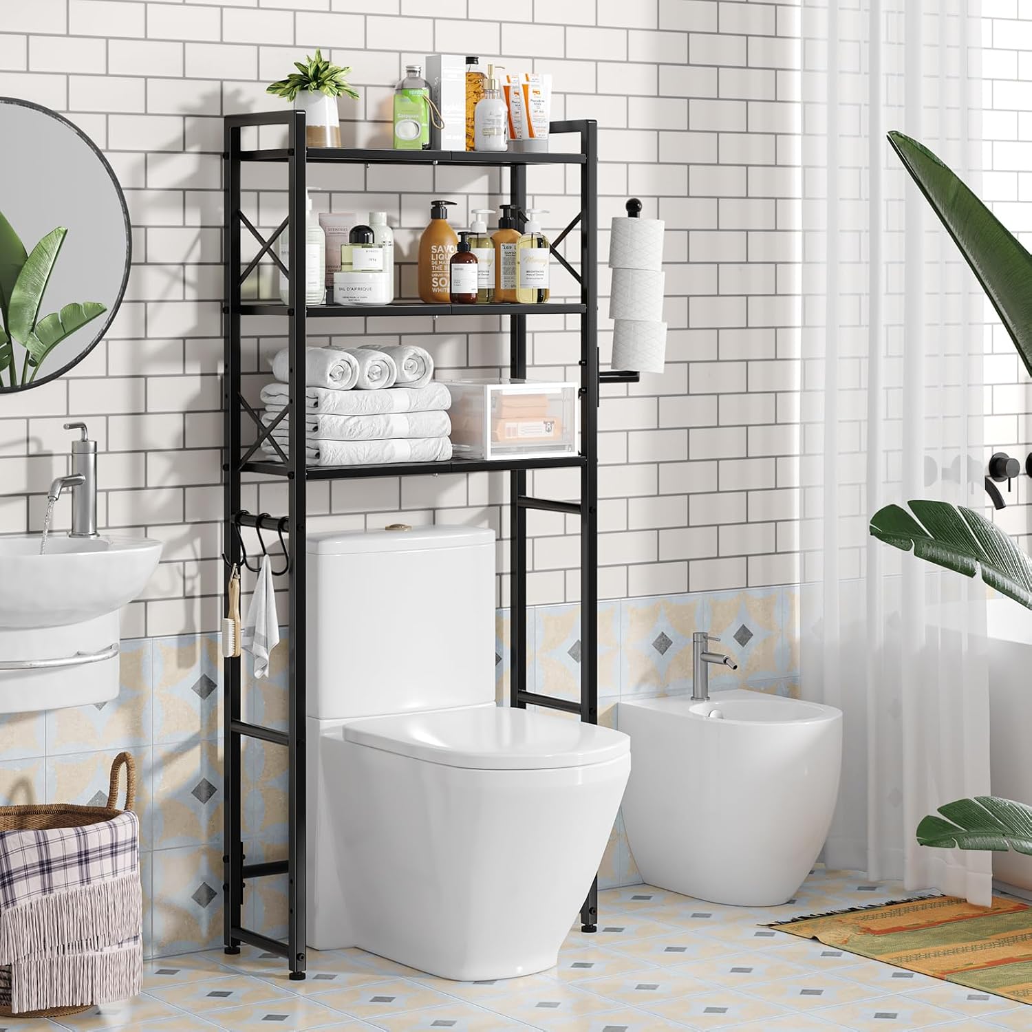 Simple Trending Over The Toilet Storage Rack with Toilet Paper Holder, Heavy Duty Metal 3 Tier Bathroom Organizer Shelf with 3 Hooks,Black