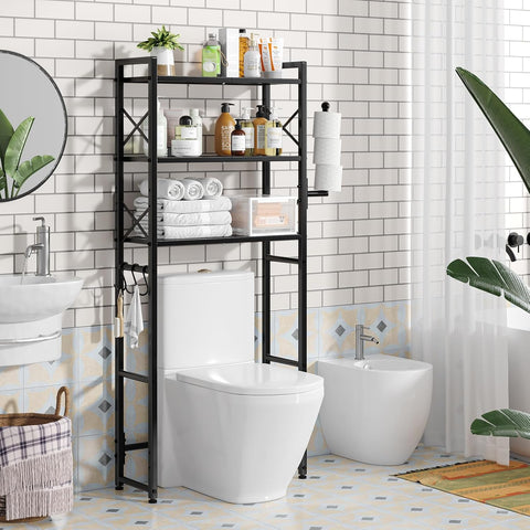 Simple Trending Over The Toilet Storage Rack with Toilet Paper Holder, Heavy Duty Metal 3 Tier Bathroom Organizer Shelf with 3 Hooks,Black
