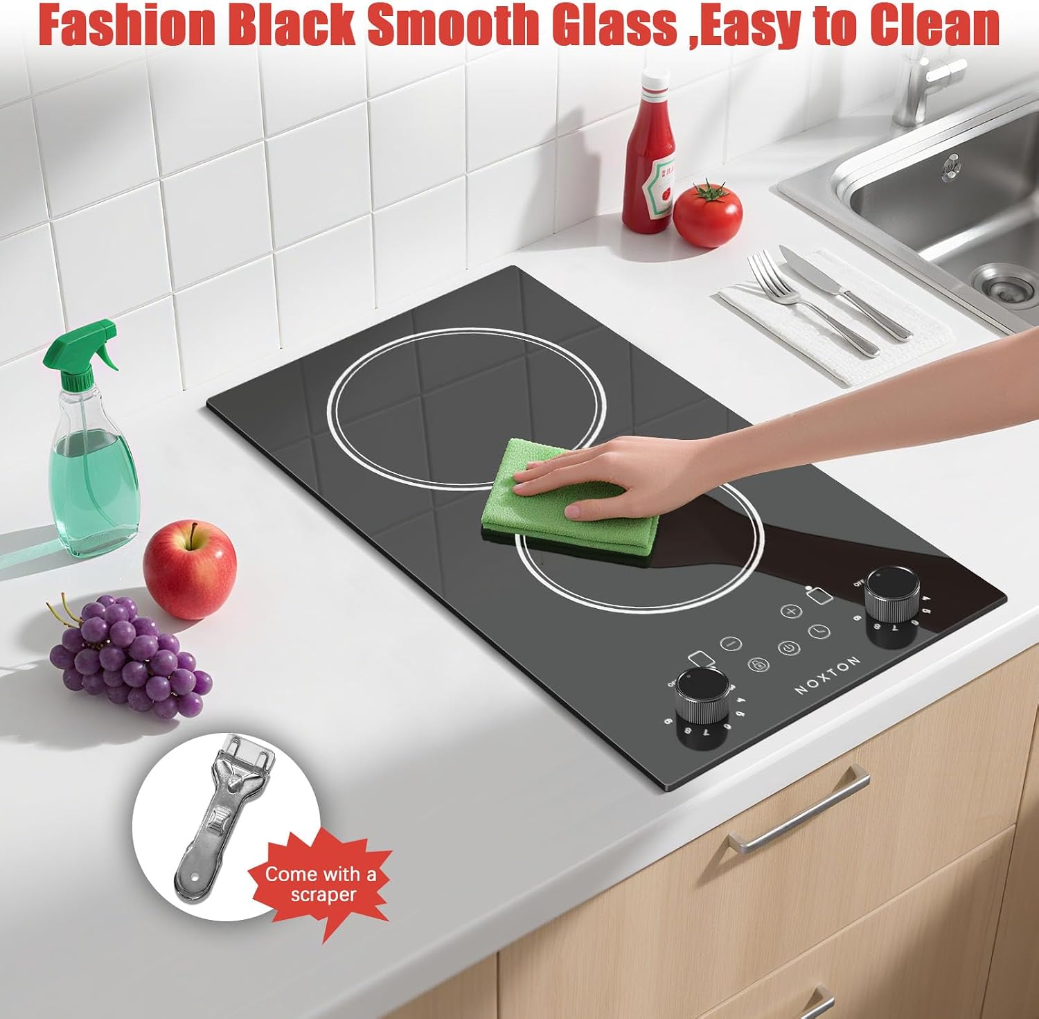 Noxton 2 Burners Electric Cooktop 110V, 12 Inch Radiant Ceramic Stove(BW)