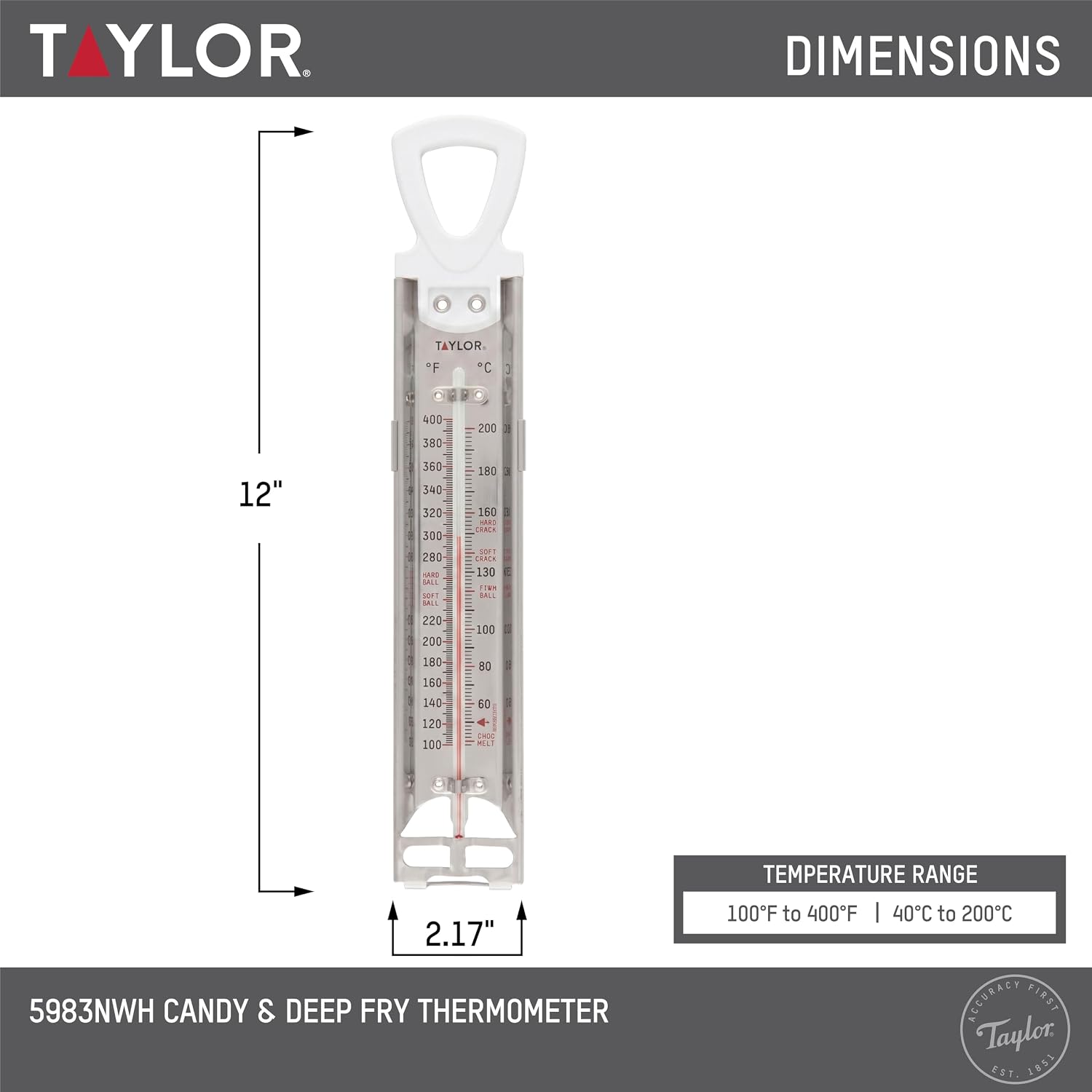 Taylor Stainless Steel Candy and Deep Fry Thermometer, 12-Inch Analog Paddle with Pan Clip, Ideal for Frying, Sugar, Brewing, Syrup, and More, White