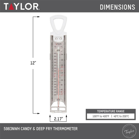 Taylor Stainless Steel Candy and Deep Fry Thermometer, 12-Inch Analog Paddle with Pan Clip, Ideal for Frying, Sugar, Brewing, Syrup, and More, White