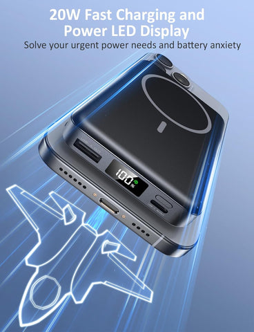 Magnetic Portable Charger 10000mAh, 20W Power Bank with Built in Cable