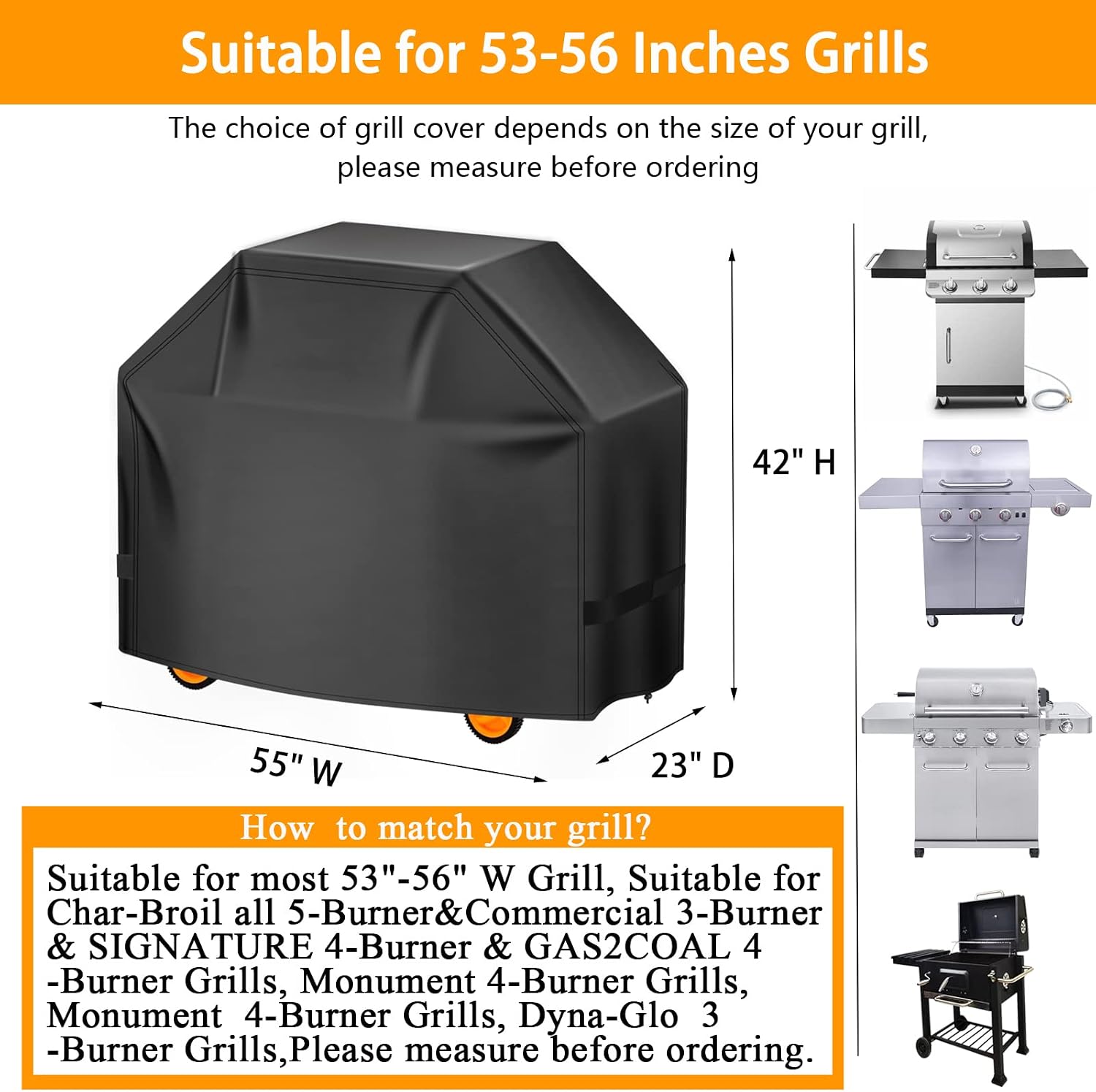 Aoretic Grill Cover, 55 inch BBQ Gas Grill Cover for Outdoor Grill, Grill Cover Barbecue Waterproof, Anti-UV for Weber Char-Broil Monument Nexgrill Spun Charbroil