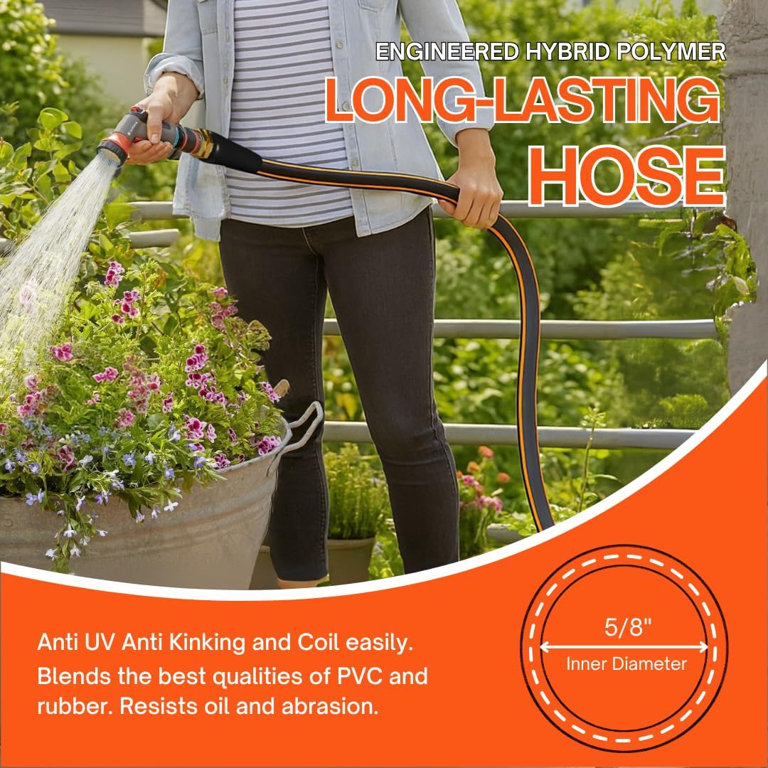 10FT x 5/8'' Flexible Garden Hose, No-Kink Rubber Water Hose, W.P. 200 PSI