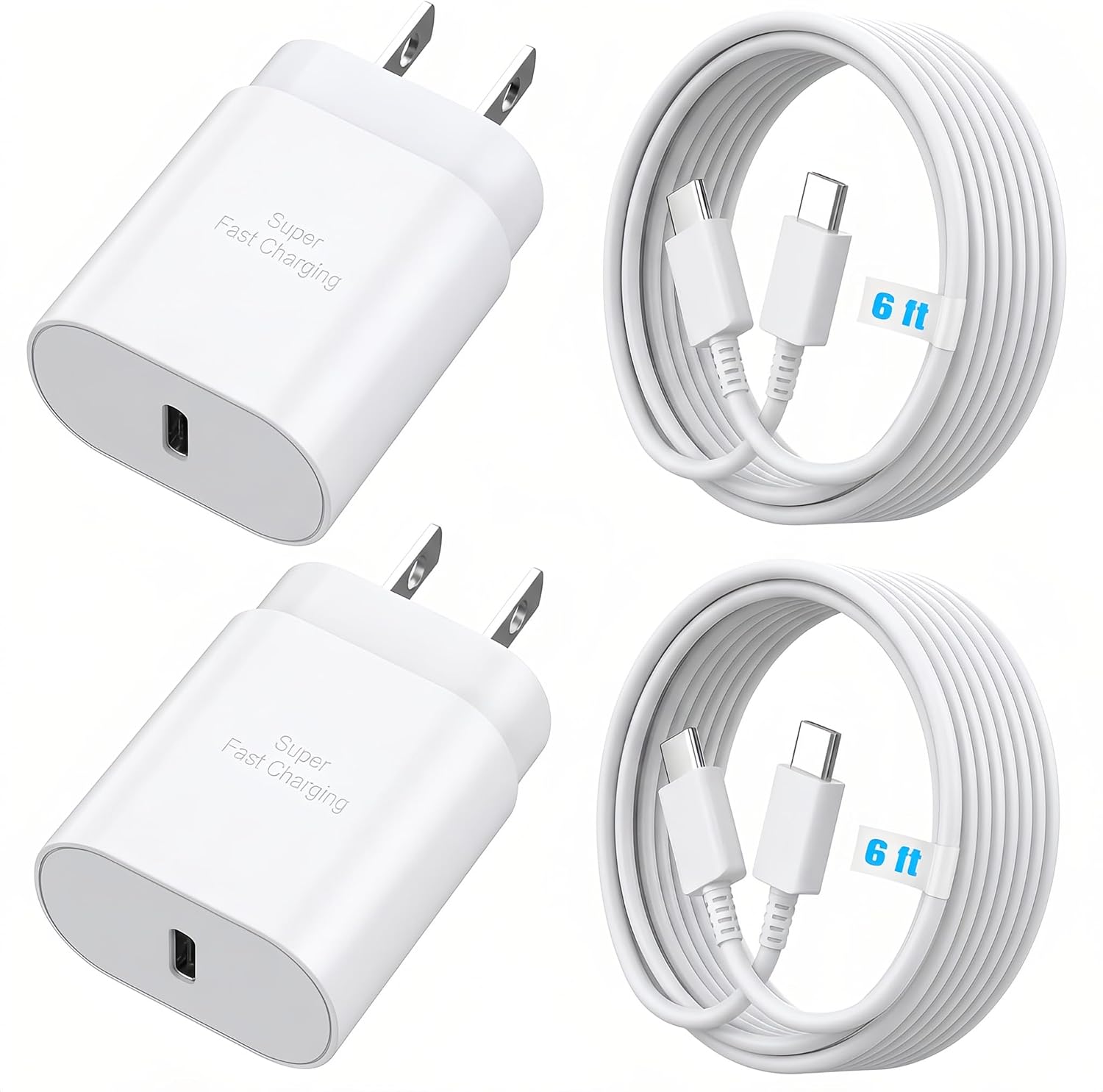 TT&C 2-Pack 25W USB C Fast Charger with 6FT Long Cable (White)