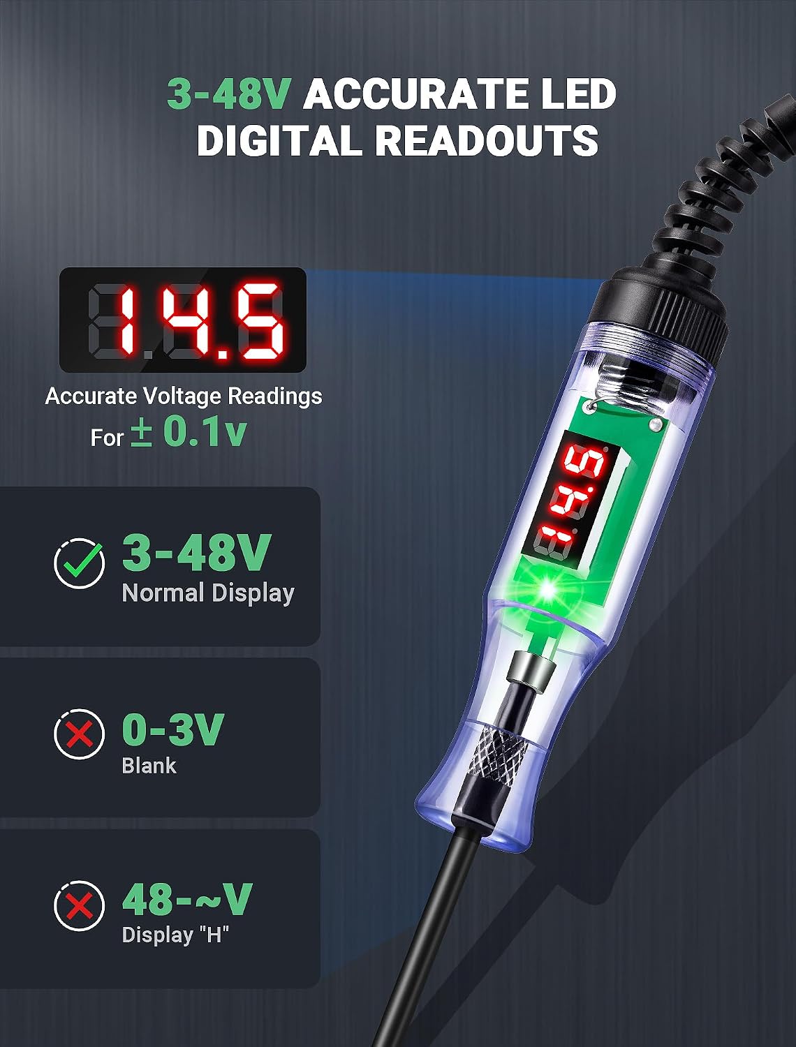Automotive Test Light with 3-48V LED Digital Readout, Automotive Circuit Tester with Voltmeter and Polarity Indicator Light, Electrical Voltage Test Pen with Stainless Probe for Fuse Car/Vehicles