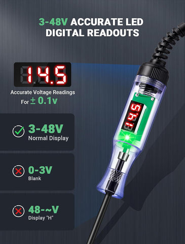 Automotive Test Light with 3-48V LED Digital Readout, Automotive Circuit Tester with Voltmeter and Polarity Indicator Light, Electrical Voltage Test Pen with Stainless Probe for Fuse Car/Vehicles