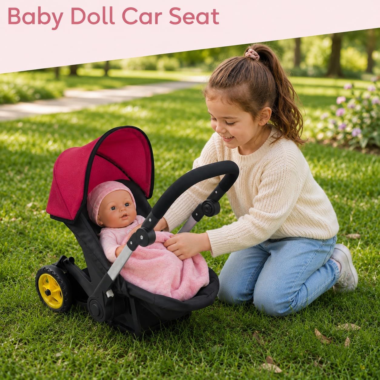 Baby Doll Car Seat Stroller Combo – Convertible 2-in-1 Doll Stroller and Car Seat for Kids | Fits Up to 20” Dolls | Play Toy Baby Stroller with Adjustable Handle for Young Girls Ages 3+ (Maroon)