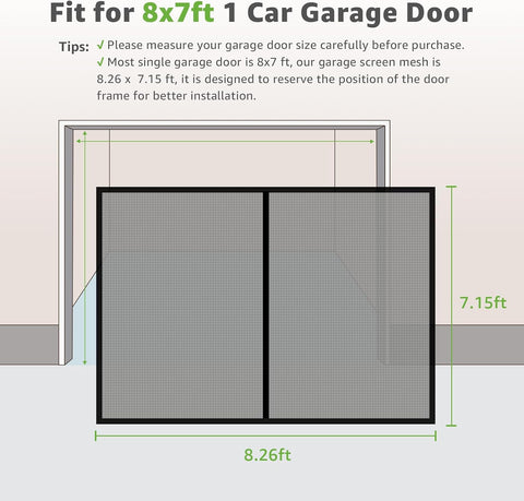 Garage Door Screen for 1 Car, 8x7 ft Single Magnetic Fiberglass Mesh Net
