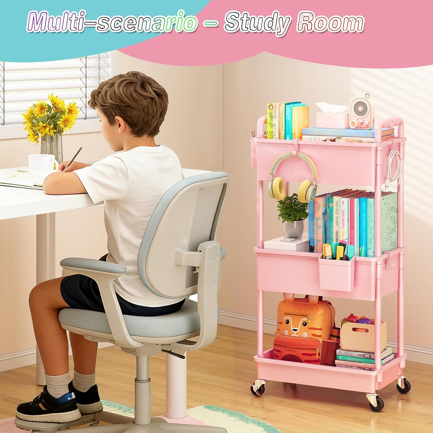 SUNALLY Baby Diaper Caddy Cart, 3 Tier Rolling Diaper Cart for Nursery,Pink