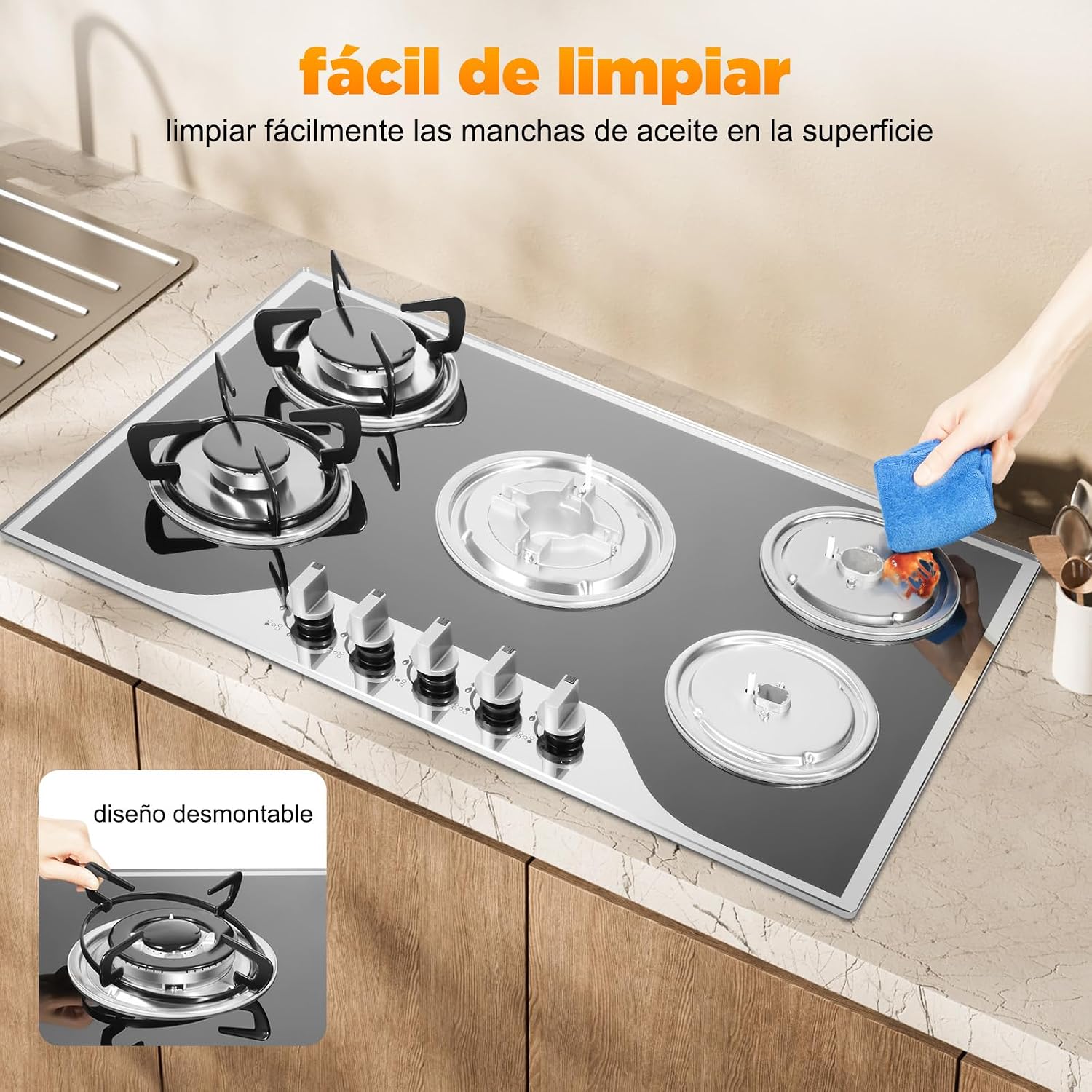 5 Burners Gas Stove top, 30 Inch Steel Built-in Gas Cooktop Natural, Stainless Steel Countertop Built-in w/Thermocouple Protection for Home Indoor Kitchen Restaurant (30 inch)
