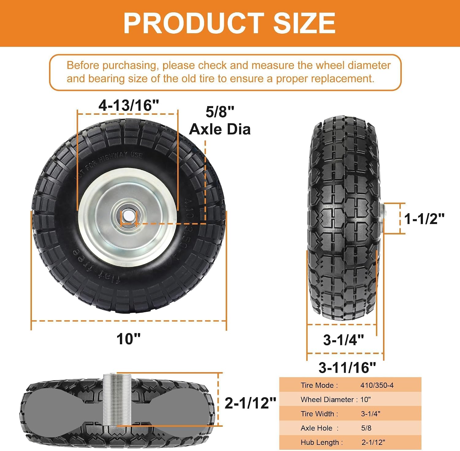 10" Solid Tires, 4.10/3.50-4 Tire and Wheel Flat Free, Gorilla Cart Tires Replacement, 4-Pack Solid Rubber Wheels with 5/8" Axle for Hand Trucks, Wheelbarrows, Dollies, Wagons & Garde (10 Inch 4-Pcs)