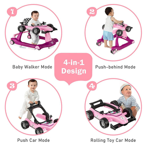 BABY JOY 4-in-1 Baby Walker, Foldable Activity Walker with Adjustable Height & Speed, Music, Lights, Anti-Rollover, Toddler Push Walker, Baby Walker with Wheels for Boys Girls 6-18 Months (Purple)