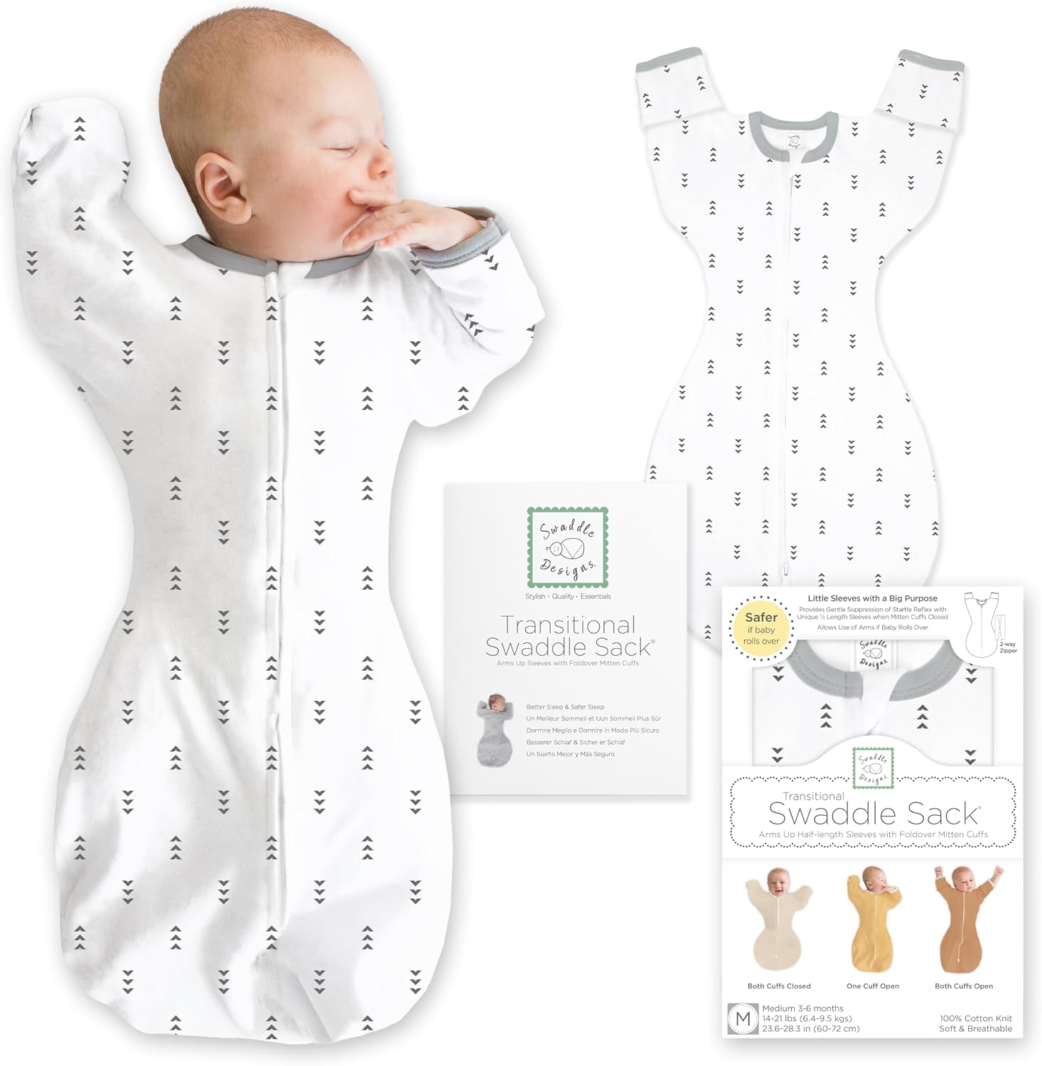 SwaddleDesigns Transitional Swaddle Sack, Cotton, Tiny Arrows, 6-9mo