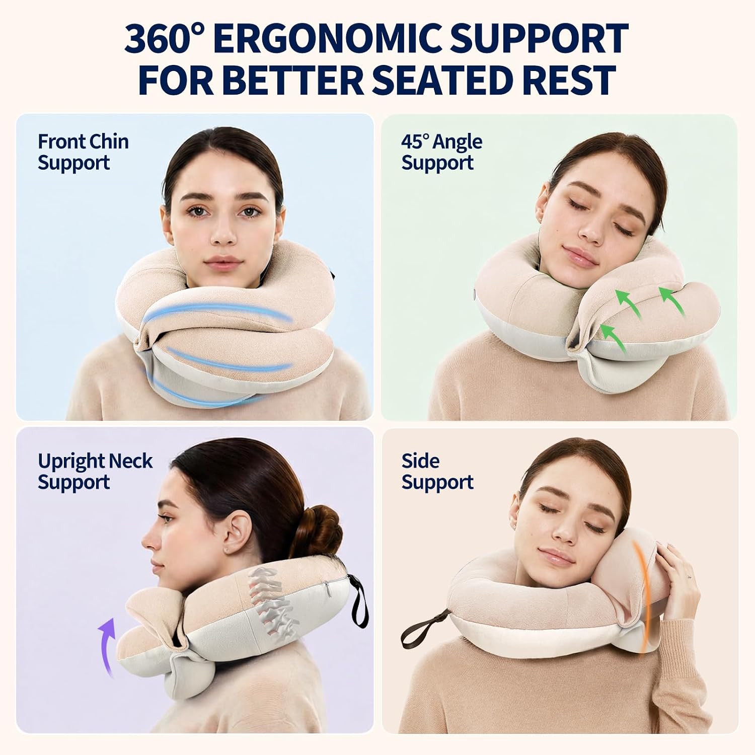 BUYUE Travel Neck Pillows for Airplanes, Memory Foam 360° Head Support Sleep for Long Flight, Skin-Friendly & Breathable, Kit with Eye Mask, Earplugs and Storage Bag (Adult, Beige, 90+ lbs)