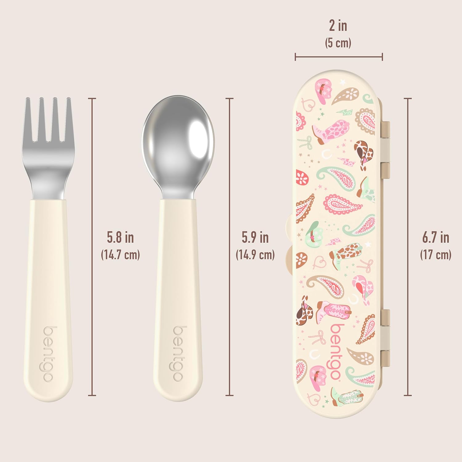 Bentgo Kids Stainless Steel Utensil Set - Reusable Fork, Spoon & Storage Case, PFAS- & BPA-Free, Easy-Grip Handles, Lightweight, Dishwasher Safe, School Lunch, Travel & Outdoors (NEW Cowgirl Dreams)