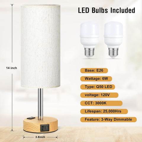 Fenmzee Bedside Table Lamp Set of 2 - Dimmable Touch, USB A+C, AC Outlet