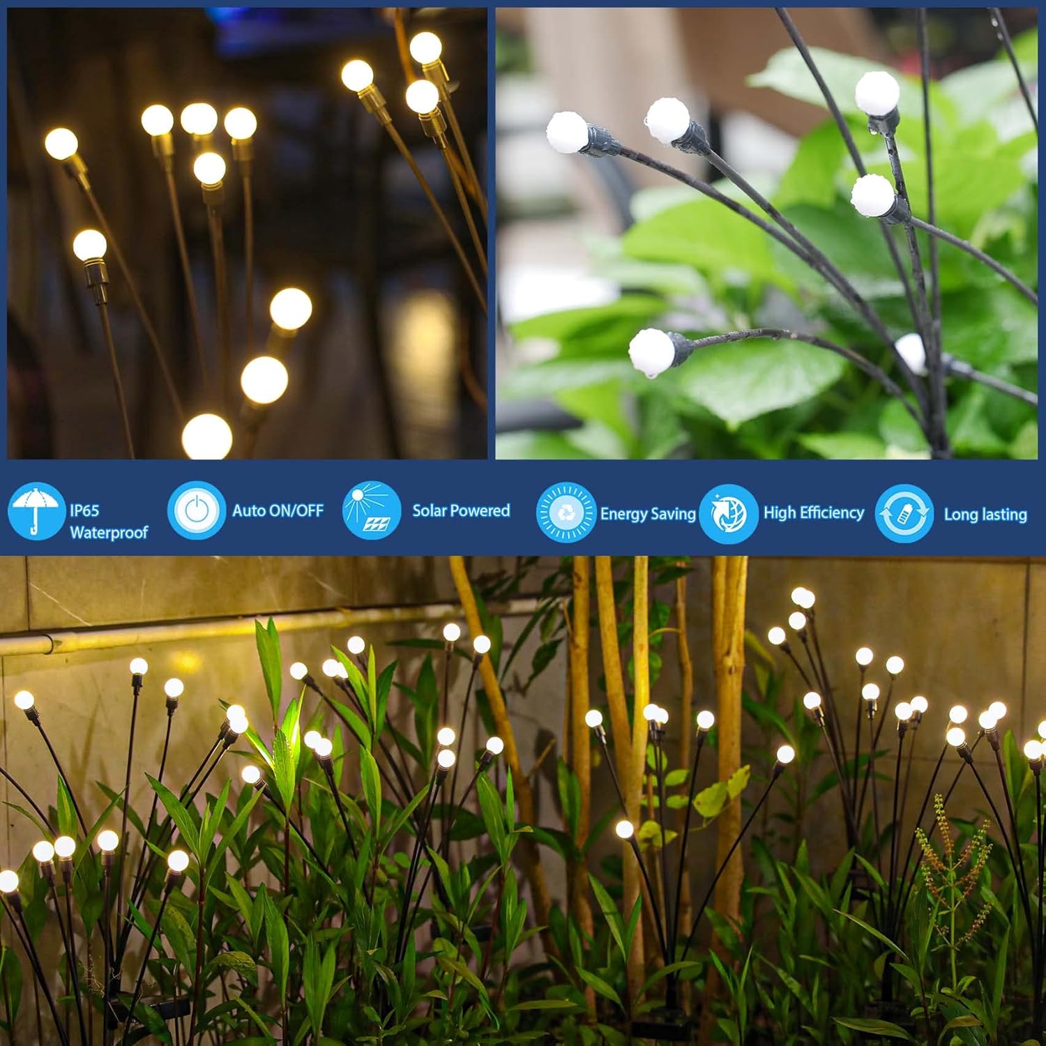 TONULAX Solar Garden Lights - 6 Pack 48 LED Upgraded Solar Swaying Light, Sway by Wind, Outdoor Lights, Yard Patio Pathway Decoration, High Flexibility Iron Wire & Heavy Bulb Base, Warm White